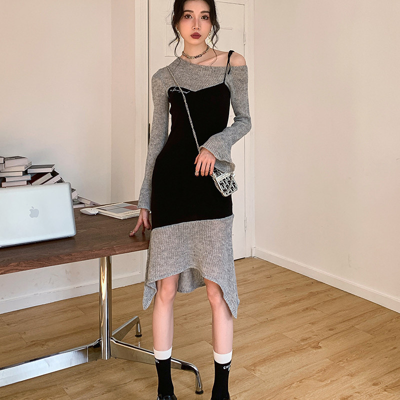 Women's Fashion Splicing Irregular Fishtail Wool Knitted Halter Dress – Bild 4