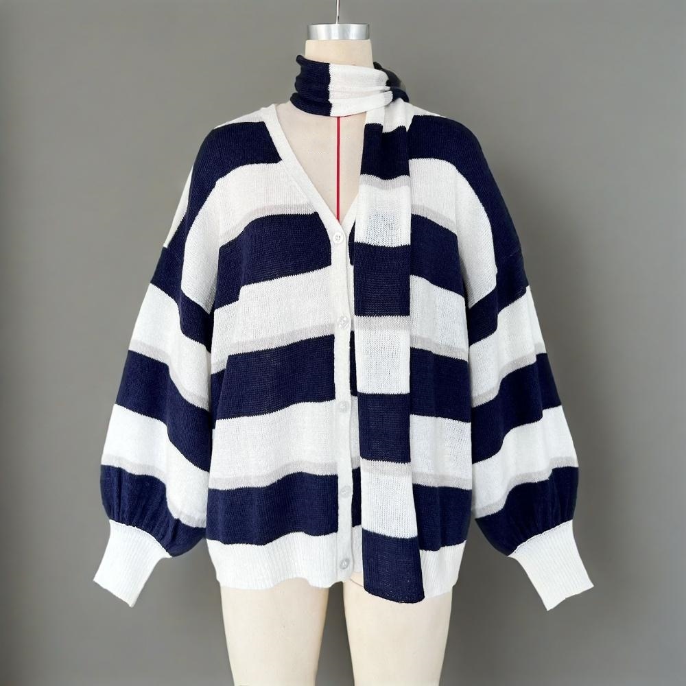 Womens Striped Cardigan Sweaters V Neck Open Front Button Up Color Block Loose Coats With Scarf – Bild 5