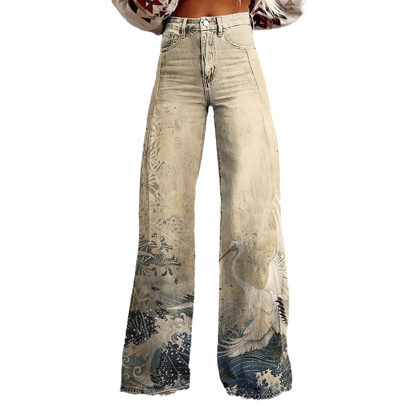 Thermal Transfer Bell-bottom Pants Simulation Denim Trousers Loose Pants - Image 2