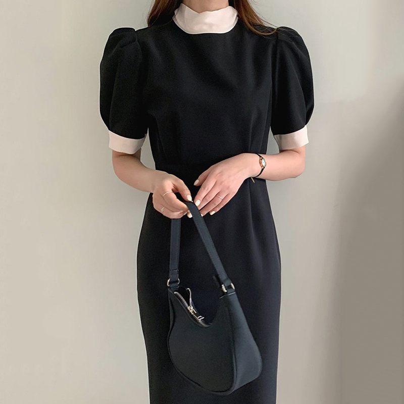 Women's Stand Collar Waist Slim Puff Sleeve Hip Dress — изображение 5