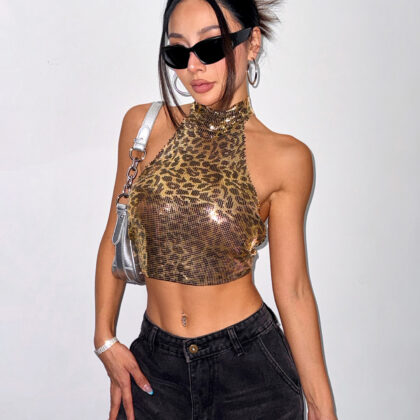 Leopard Print Vest Halter Sequin Sling Women