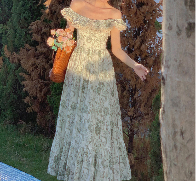 French One-line Shoulder Tea Break Skirt Off-shoulder Oil Painting Print Dress - Image 5