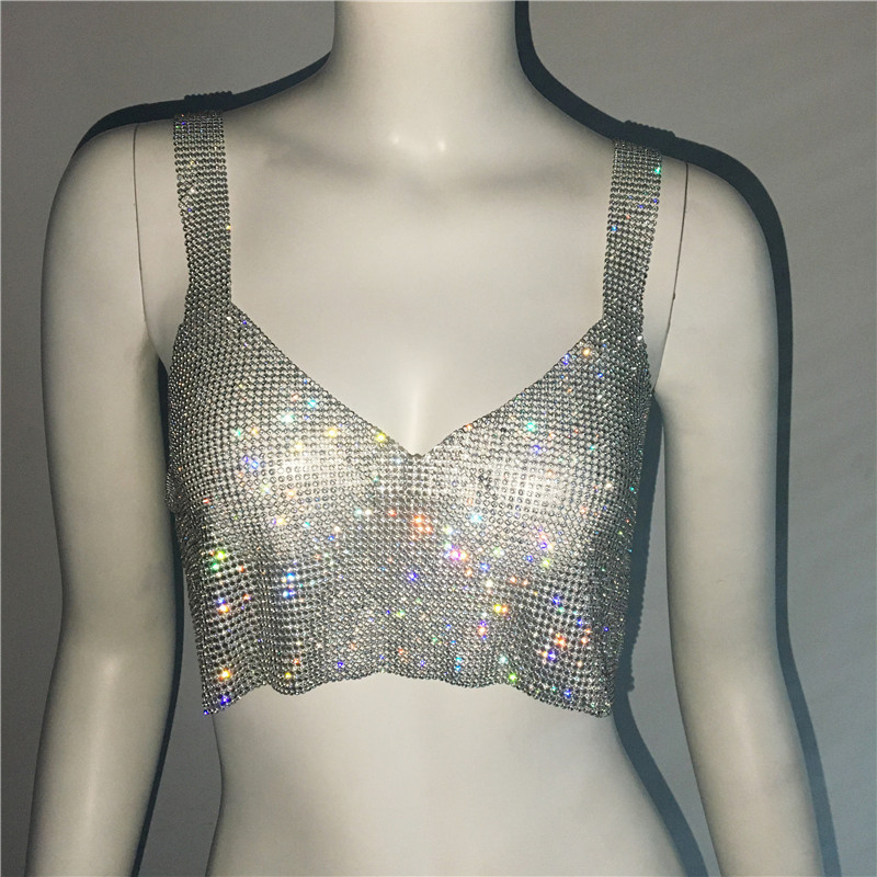 Deep V Sexy Rhinestone Metal Camisole Split Short Top – Bild 6