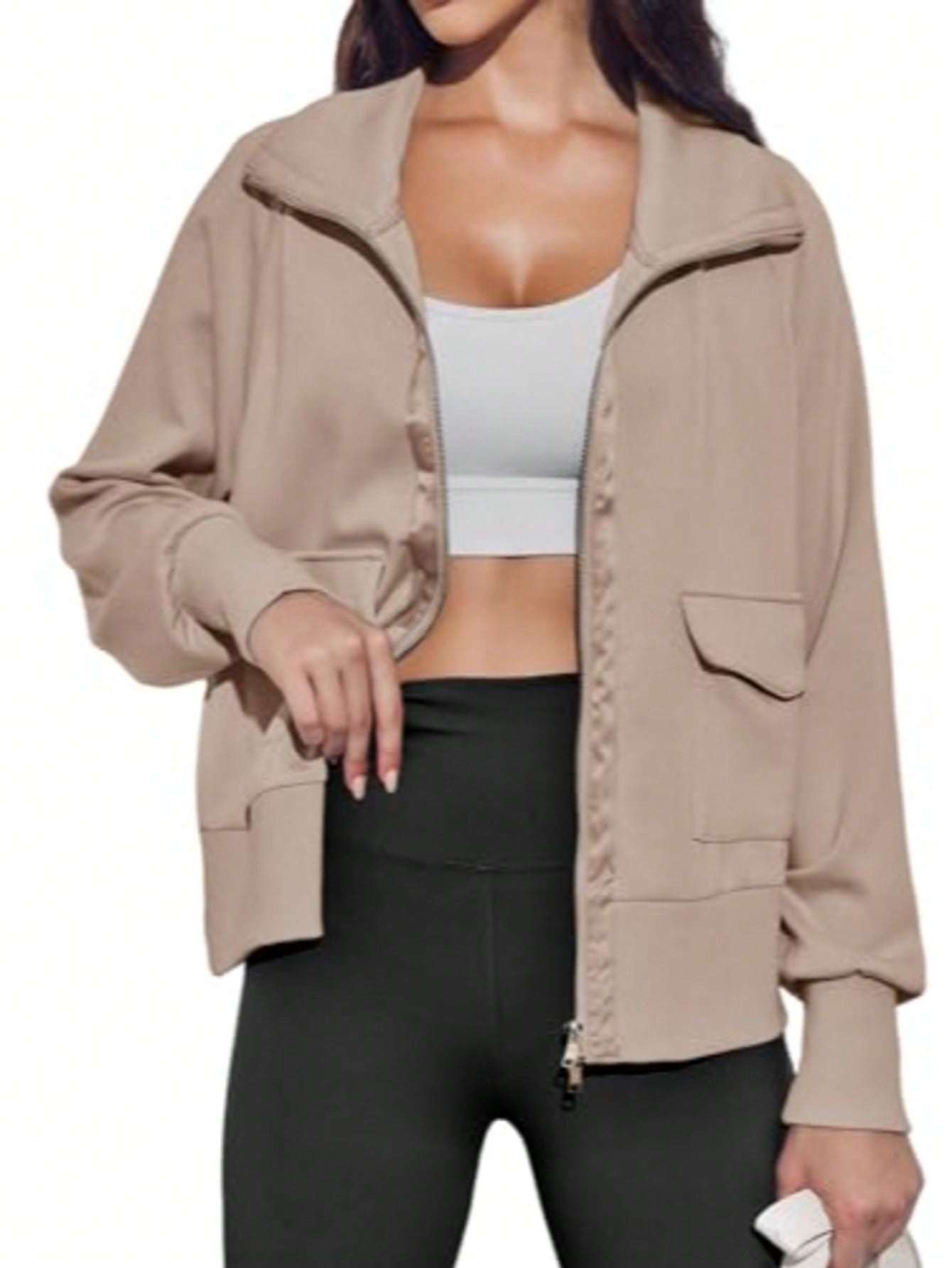 Fisoew Women's Zip Up Sweatshirt Collared Neck Long Sleeve Loose Casual Lightweight Jacket With Pockets - Image 4