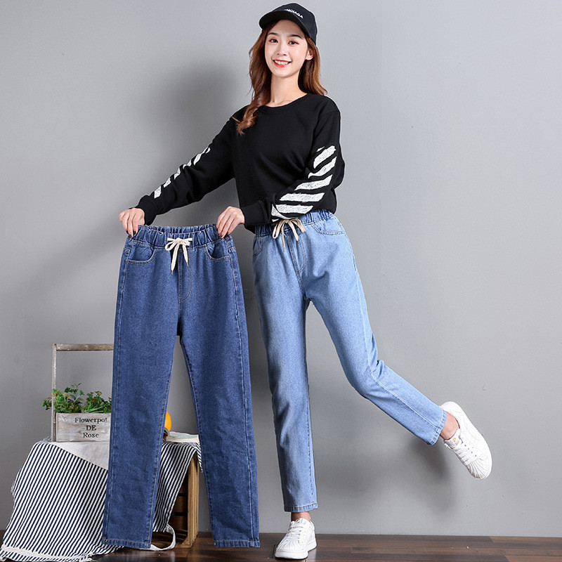 Korean Style Women's Straight Casual Elastic Waist Tied High Waist Student Jeans – Bild 3
