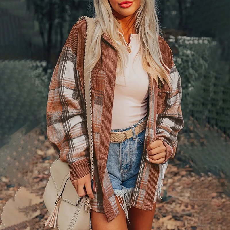 Women's Notch Lapel Check Print Long Sleeve Shirt - Button Front Pocket Detail Casual Blouse - Image 7