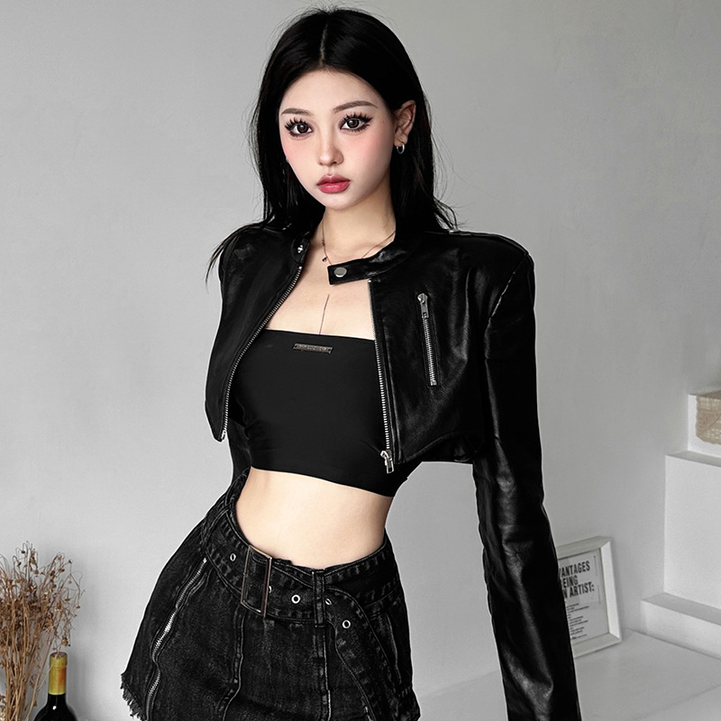 PU Leather Long-sleeved Women's High Waist Short Jacket - Image 3