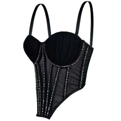 Sexy Mesh With Braces And Breast Pad Can Be Worn Outside Rhinestone Fishbone Plastic Bra
