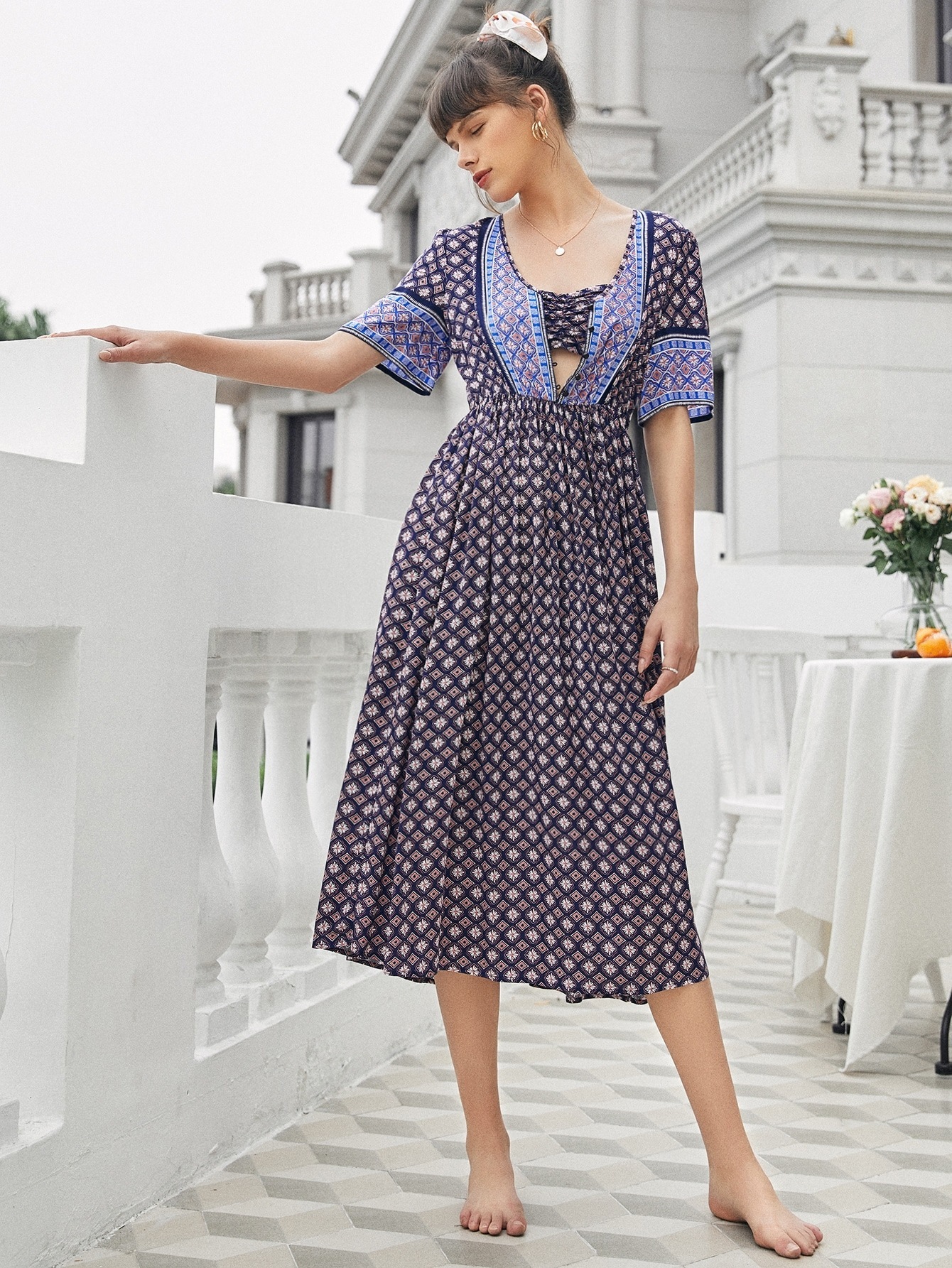 Casual Loose Printed Round Neck Short Sleeve Women's Dress - Image 2