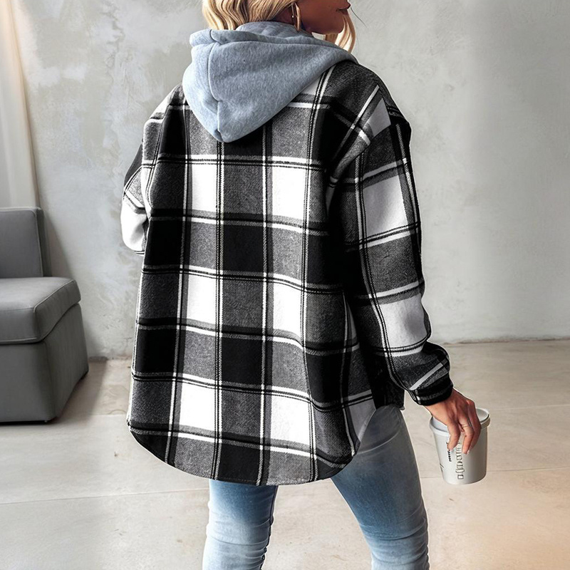 Women's Plaid Hoodie Long Sleeve Jacket Button Drawstring Casual Fall Shirts Shacket With Pocket - Image 9