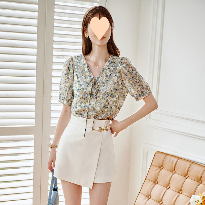 New Short Sleeve Elegant Slimming French Collar Design Floral Chiffon Shirt - Image 6