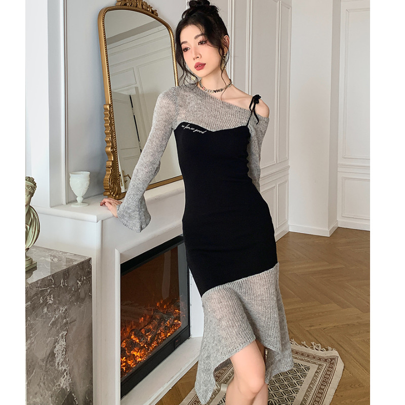 Women's Fashion Splicing Irregular Fishtail Wool Knitted Halter Dress – Bild 3