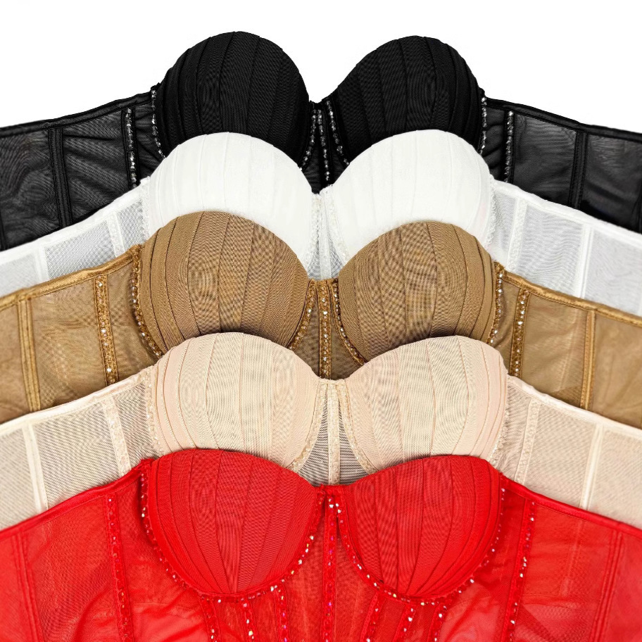 Sexy Mesh With Braces And Breast Pad Can Be Worn Outside Rhinestone Fishbone Plastic Bra - Image 3