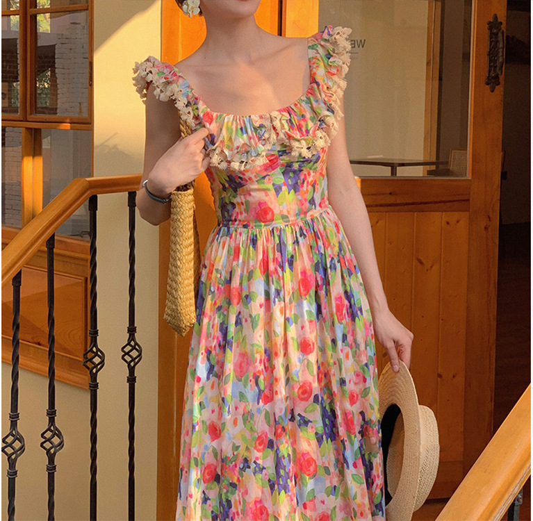 French One-line Shoulder Tea Break Skirt Off-shoulder Oil Painting Print Dress - Image 2