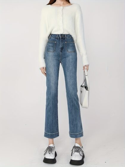 High Waist Straight Leg Women's Cigarette Pants Slimming Petite Nine Point Flared Pants