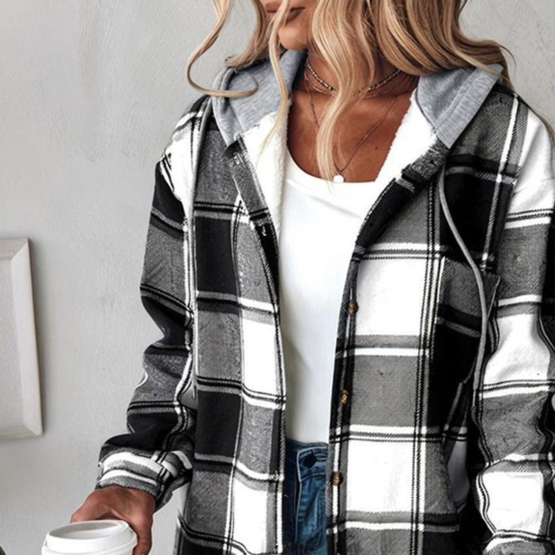 Women's Plaid Hoodie Long Sleeve Jacket Button Drawstring Casual Fall Shirts Shacket With Pocket - Image 10