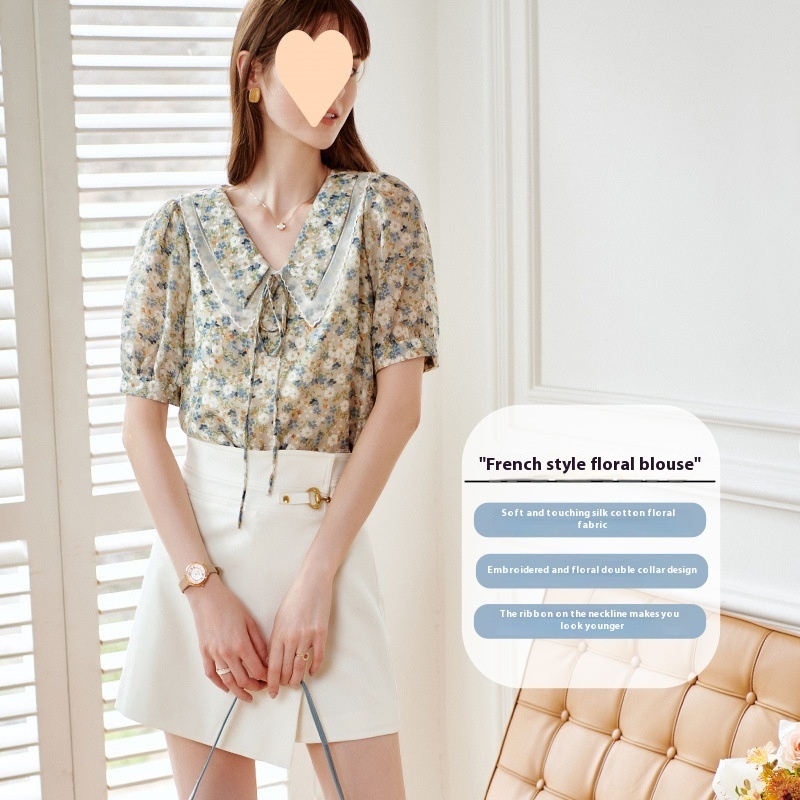 New Short Sleeve Elegant Slimming French Collar Design Floral Chiffon Shirt - Image 3