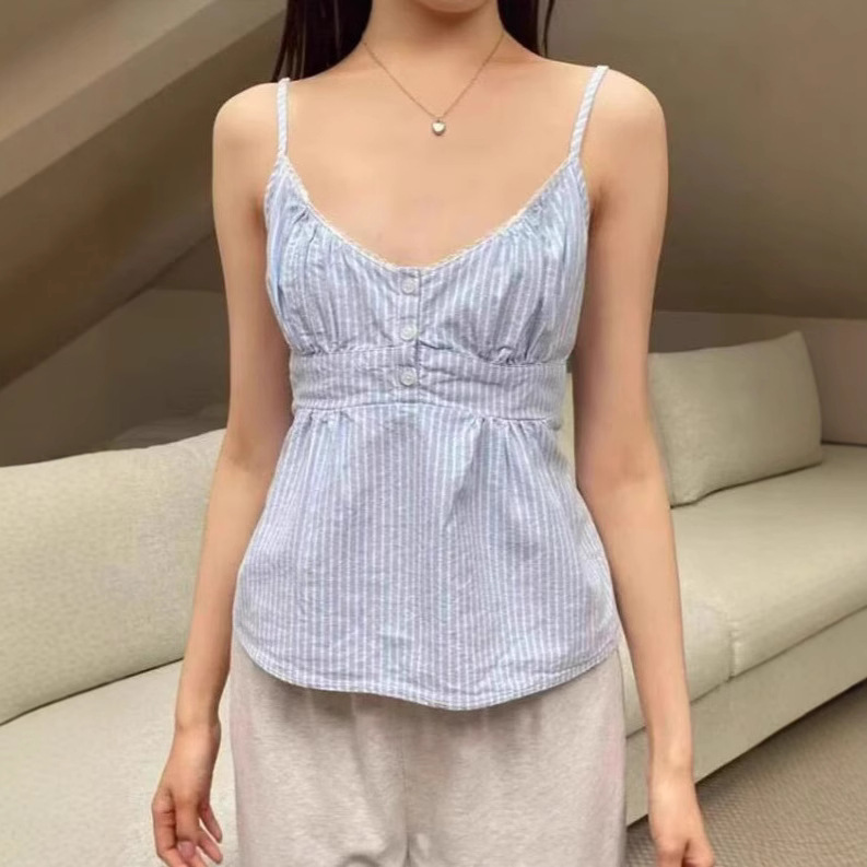 Blue And White Striped Lace V-neck Lace-up Camisole – Bild 2