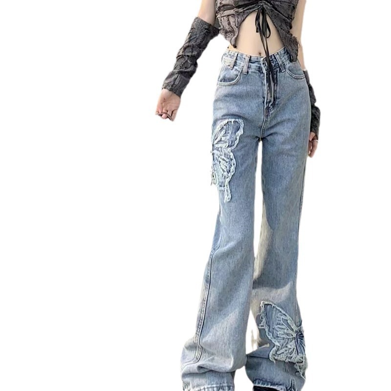 Retro Butterfly Embroidered Jeans High Waist Wash Slightly Flared Mop - Image 5