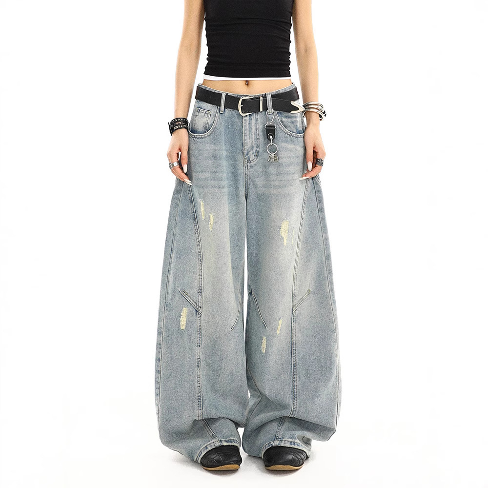 Retro Washed Distressed Loose Straight-leg Wide-leg Pants - Image 2