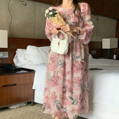 Women's Retro Spring Oil Painting Floral Chiffon Dress