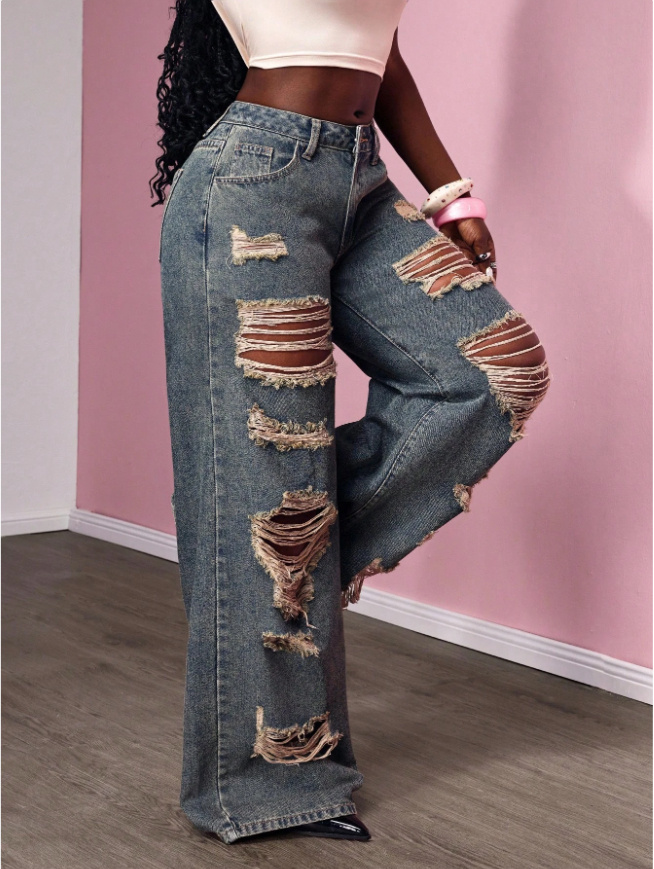 Women's Retro Distressed Kimchi Wide-leg Jeans - Image 5