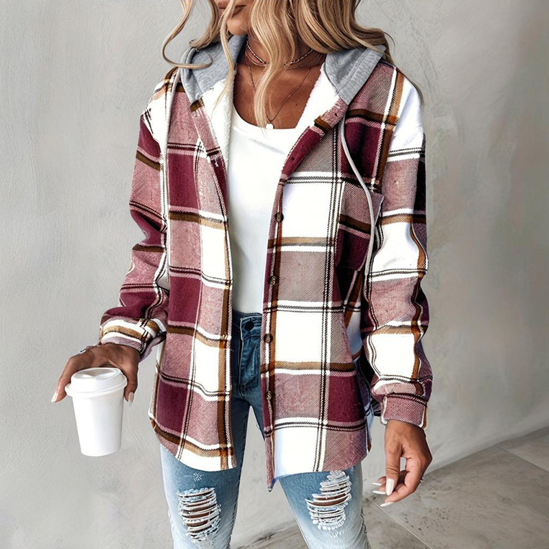 Women's Plaid Hoodie Long Sleeve Jacket Button Drawstring Casual Fall Shirts Shacket With Pocket - Image 5