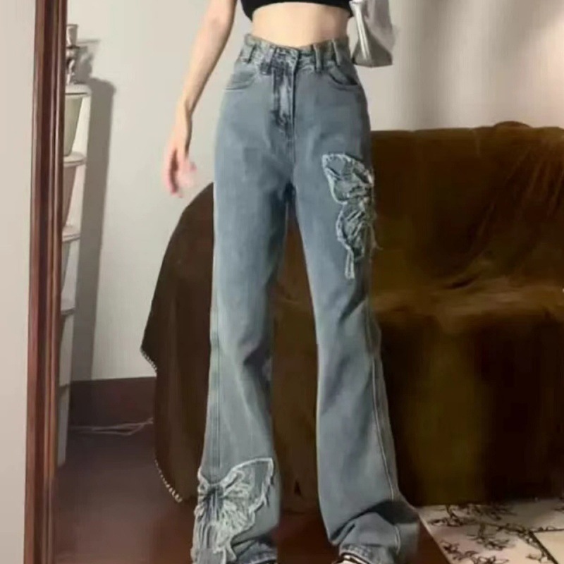 Retro Butterfly Embroidered Jeans High Waist Wash Slightly Flared Mop - Image 4