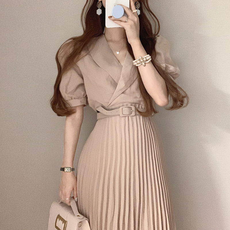 Waist Slim Puff Sleeve Pleated Dress With Belt