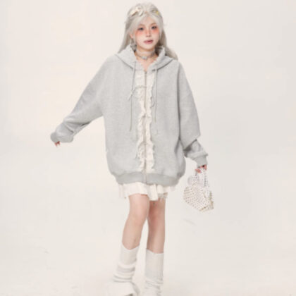 Lace Lace Zipper Gray Hoodie Jacket For Women