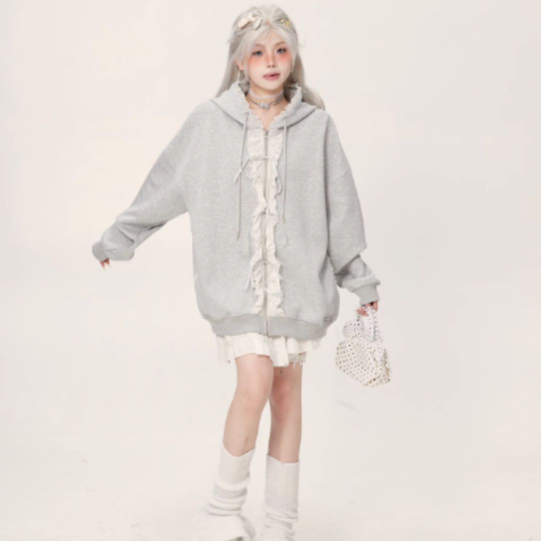 Lace Lace Zipper Gray Hoodie Jacket For Women