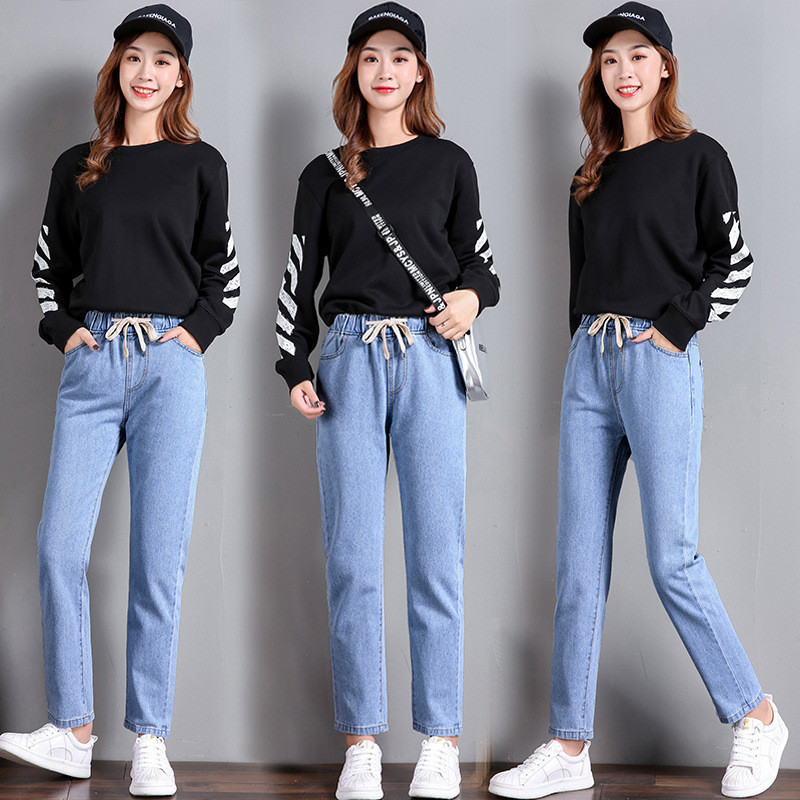 Korean Style Women's Straight Casual Elastic Waist Tied High Waist Student Jeans – Bild 4