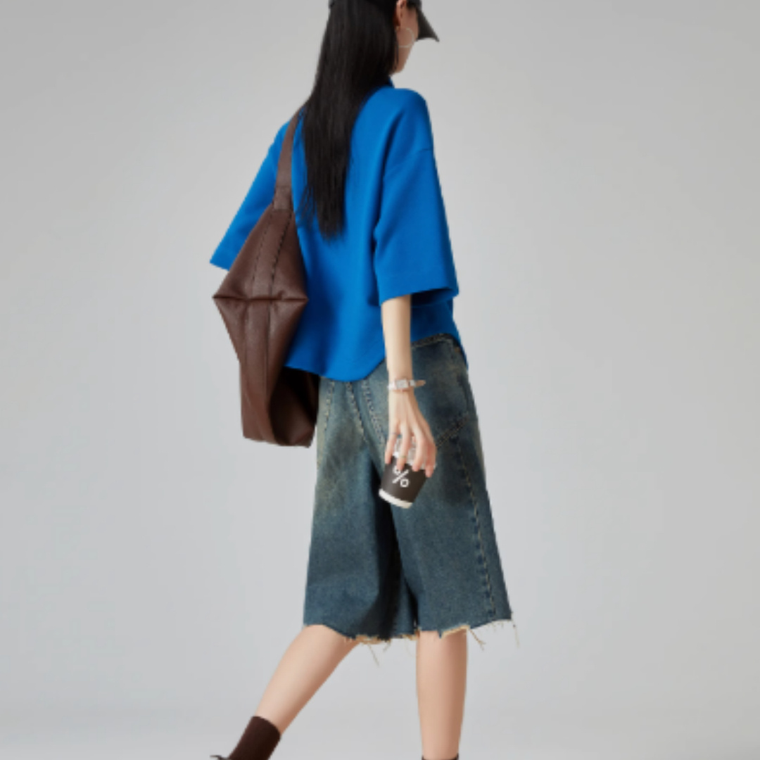 Klein Blue Lapel Contrast Color Pullover T-shirt For Women - Image 4