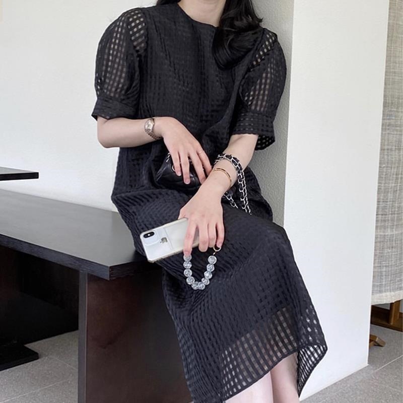 Mesh Textured Over-the-knee Puff-sleeve Dress - Image 6