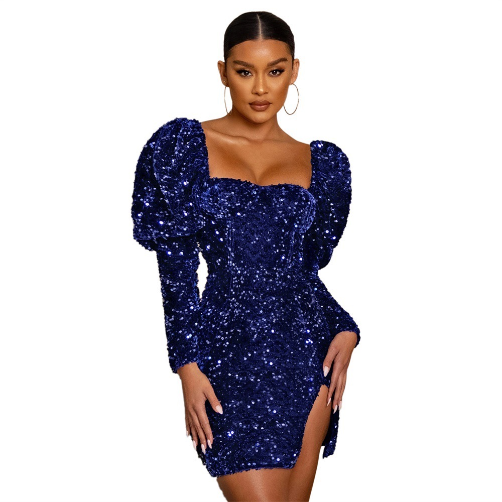 Sequined Backless Padded Shoulder Puff Sleeve Party Women's Dress - Image 6