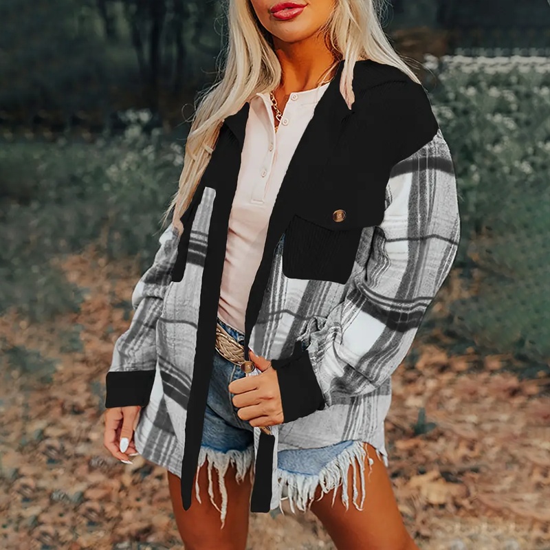 Women's Notch Lapel Check Print Long Sleeve Shirt - Button Front Pocket Detail Casual Blouse