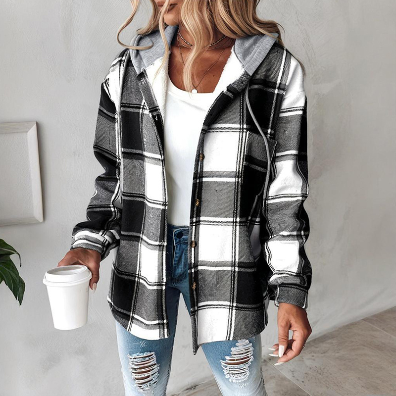 Women's Plaid Hoodie Long Sleeve Jacket Button Drawstring Casual Fall Shirts Shacket With Pocket - Image 8
