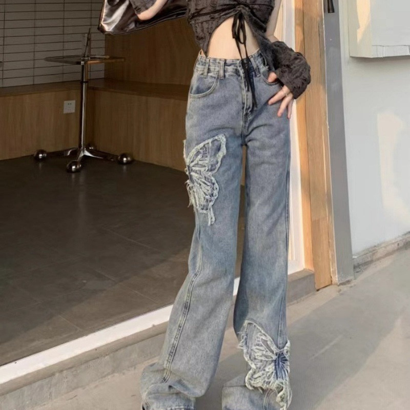 Retro Butterfly Embroidered Jeans High Waist Wash Slightly Flared Mop - Image 3