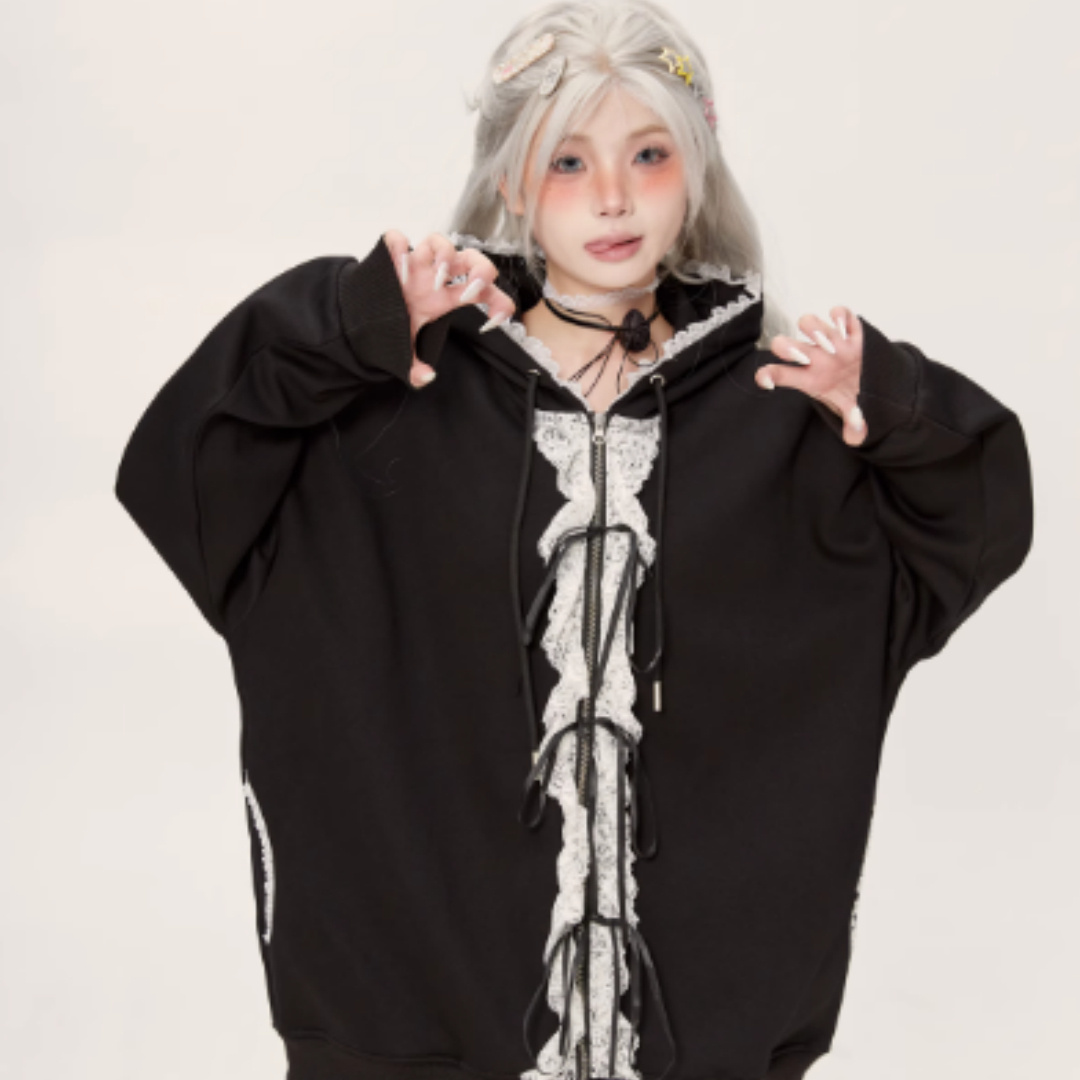 Lace Lace Zipper Gray Hoodie Jacket For Women - Image 4