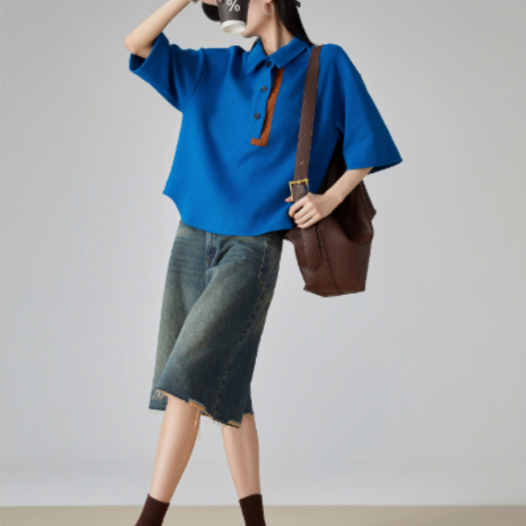 Klein Blue Lapel Contrast Color Pullover T-shirt For Women