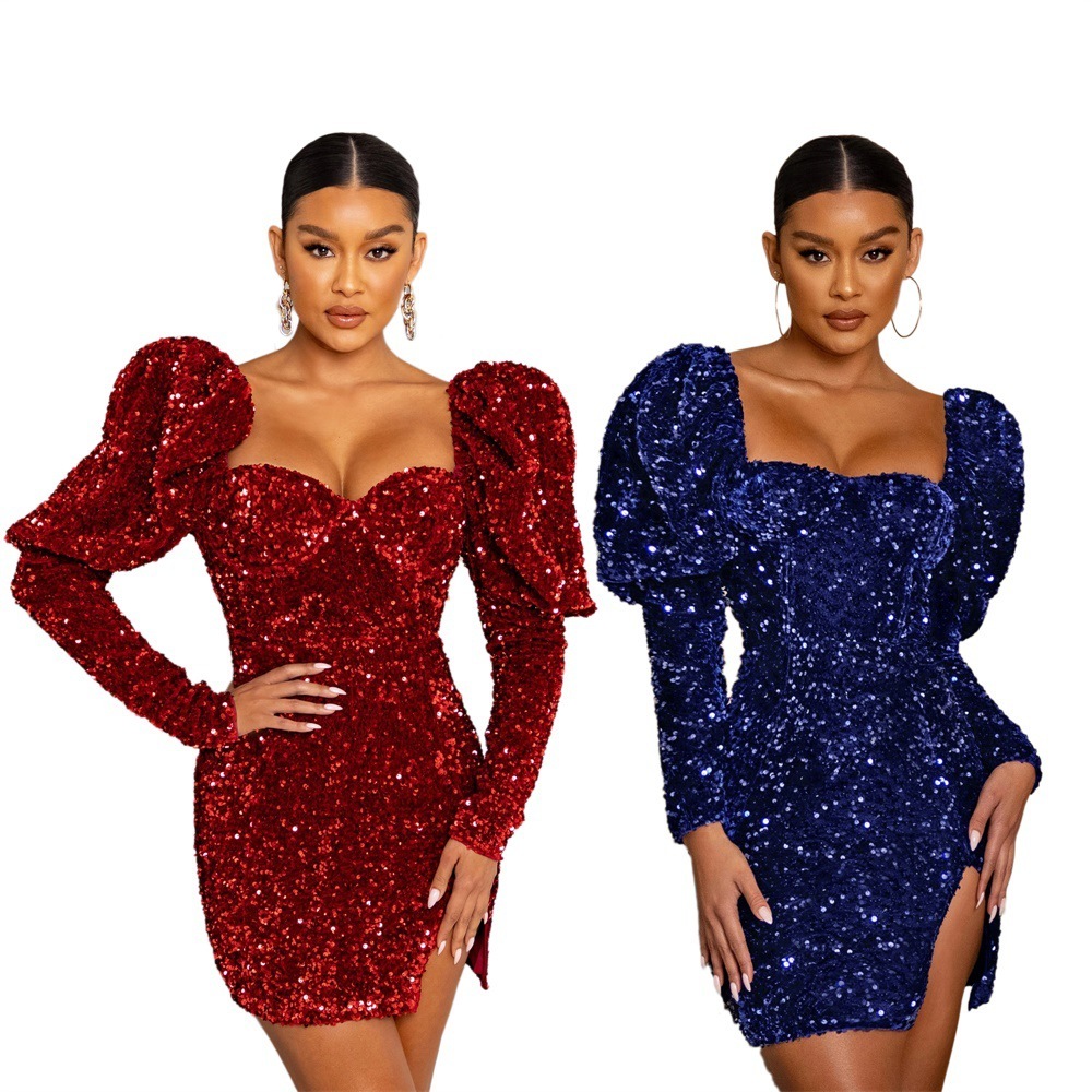 Sequined Backless Padded Shoulder Puff Sleeve Party Women's Dress
