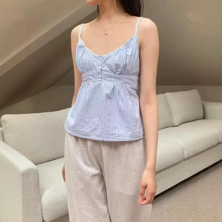 Blue And White Striped Lace V-neck Lace-up Camisole – Bild 5