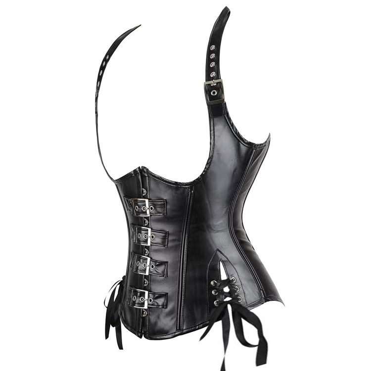 Corset European And American Corset Sexy Halter Black Leather Retro – Bild 3