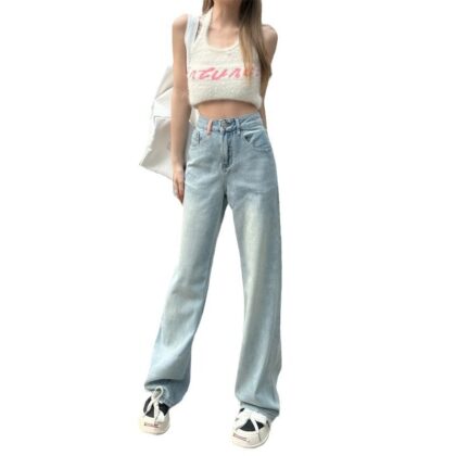 Summer Washed High Waist Loose Slim Wide Leg Jeans Women's Design Light Blue Narrow Straight Floor-length Pants