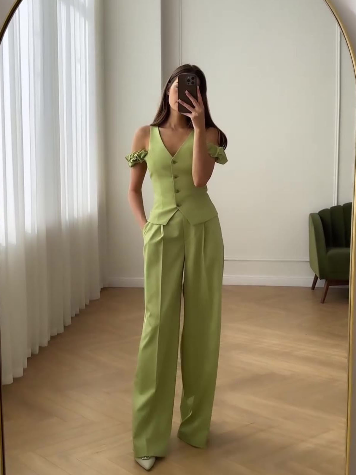 Women's Commuter High Waist Trendy Solid Color Short Sleeve Casual Two-piece Suit - Image 3