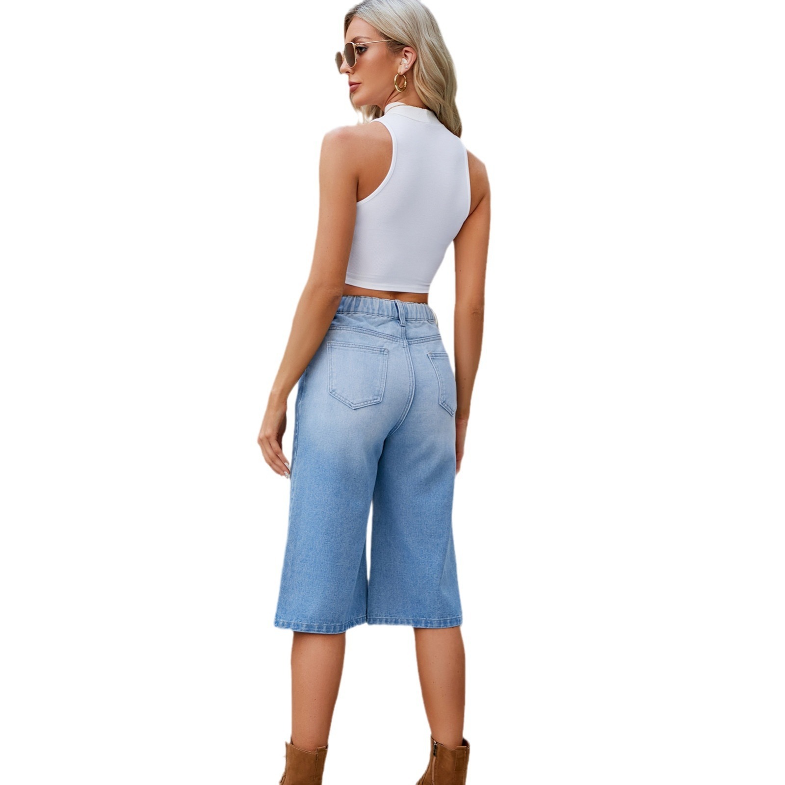 Summer Washed Elastic Waist Denim Cropped Pants For Women – Bild 5