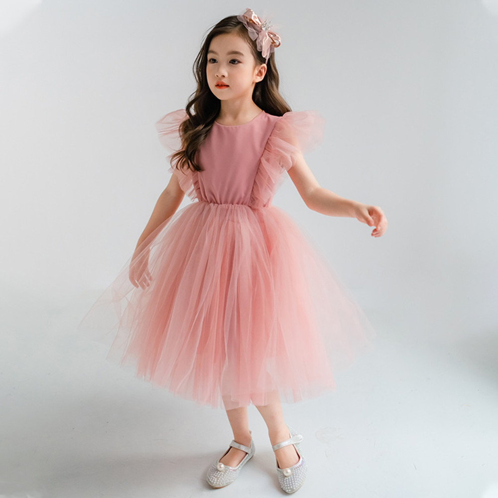 Girls' Flying Sleeve One Piece Princess Mesh Dress
