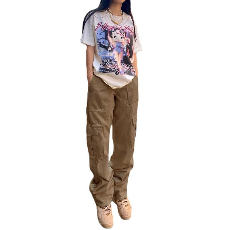 Stylish Multi-pocket Workwear Straight-leg Trousers High Waist Jeans - Image 2