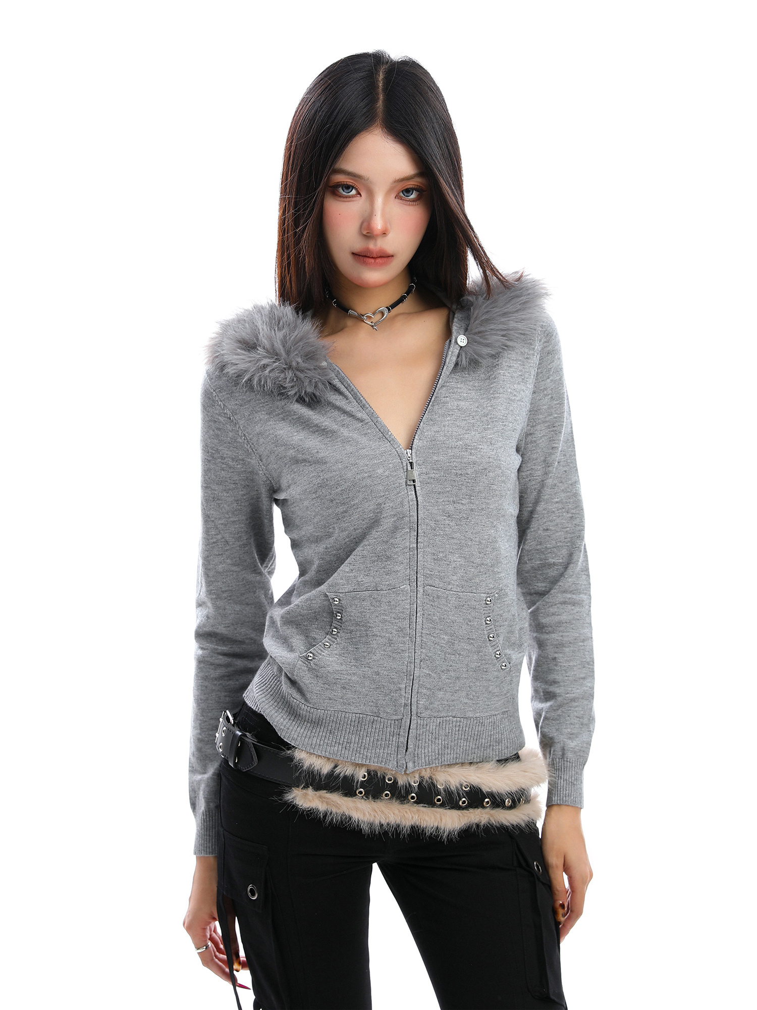 Design Sense Rivet Fur Collar Hood Sweater - Image 3