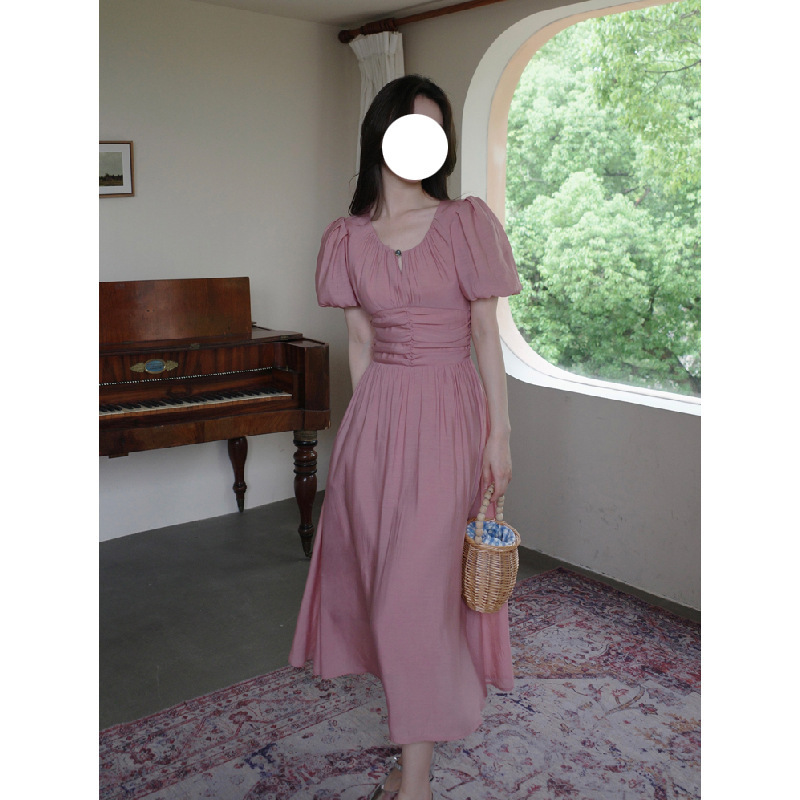Women's Summer Retro Waist Puff Sleeves Pleated French Mid-Length Princess Dress — изображение 3